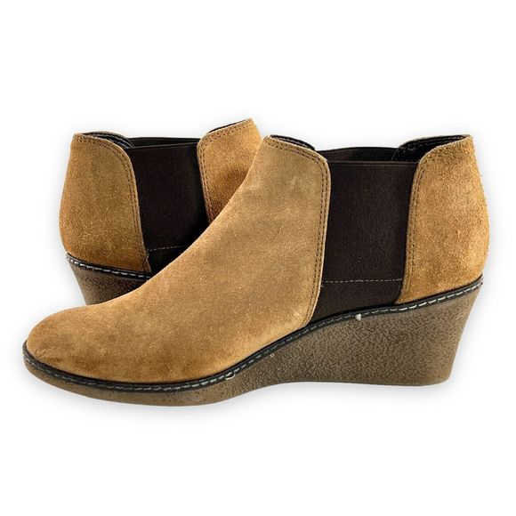 The FLEXX Chelsea Wedge Ankle Boots Size 10 Brown Tan Suede Heel Booties Comfort - Picture 7 of 12